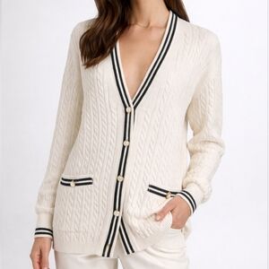 Alessandra Rich White Cable Knit Cardigan with Black And Gold Accents (XS)